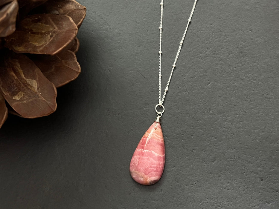 Rhodochrosite pendant , gifts for her, layering necklace, 925 sterling silver chain, natural stone pendant