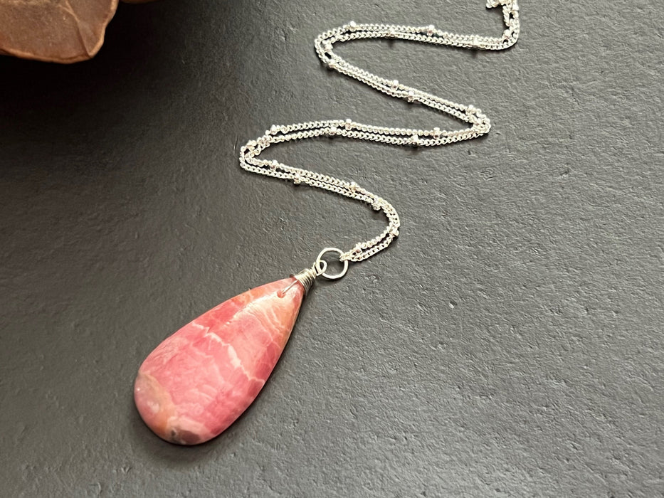 Rhodochrosite pendant , gifts for her, layering necklace, 925 sterling silver chain, natural stone pendant