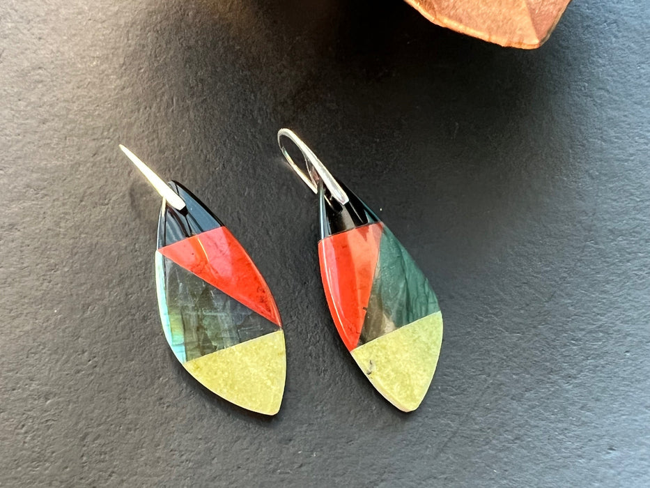 Green serpentine, labradorite, obsidian ,red jasper earrings, intarsia earrings, statement earrings ,925 sterling  silver ear hooks