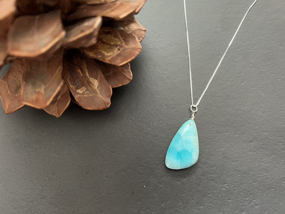 Sky blue Larimar pendant, layering necklace, 925 sterling silver chain, adjustable chain, natural stone pendant, minimalist pendant