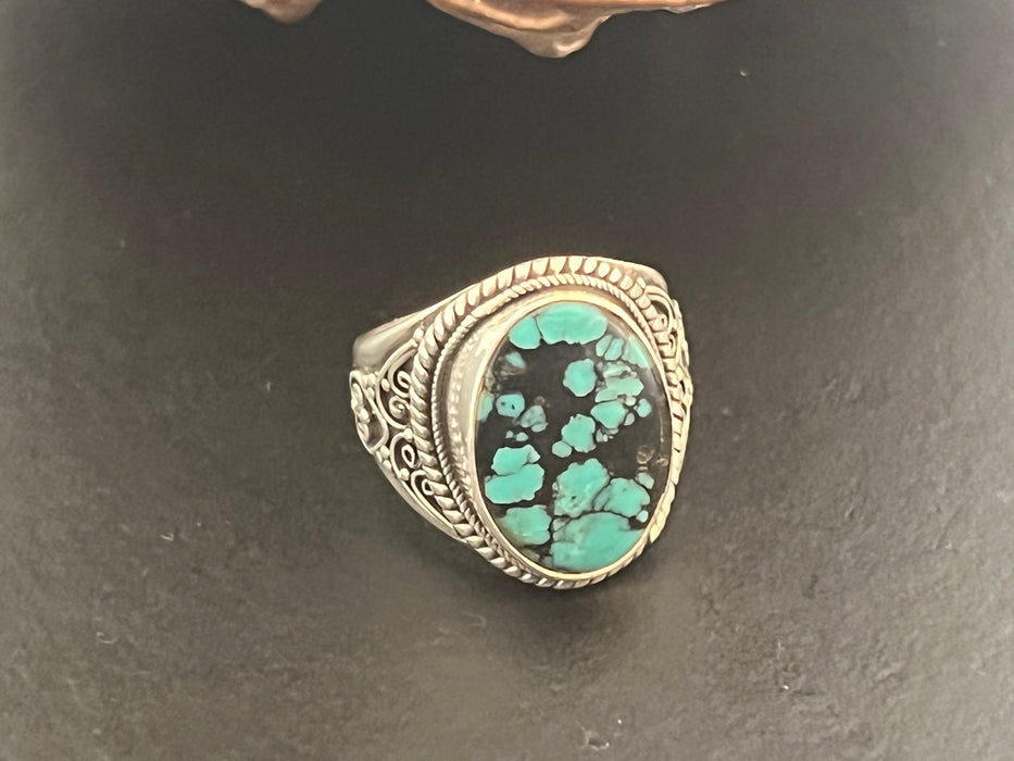 Statement Turquoise ring, 925 sterling silver, boho designer ring, adjustable ring, hubei turquoise, gifts for her