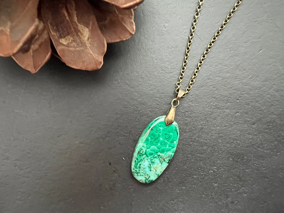 Malachite pendant, Healing stone necklace, tropical necklace , long copper chain, length 18 inch