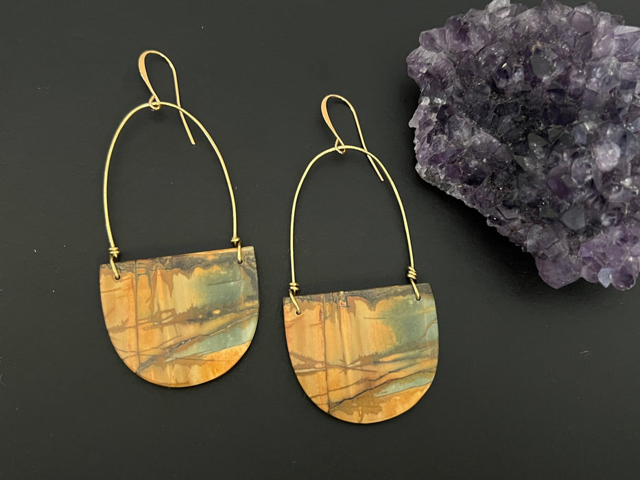 Spectacular jasper earrings, neutral color earrings, unique one of a kind, natural stone jewelry, semicircle stone dangles