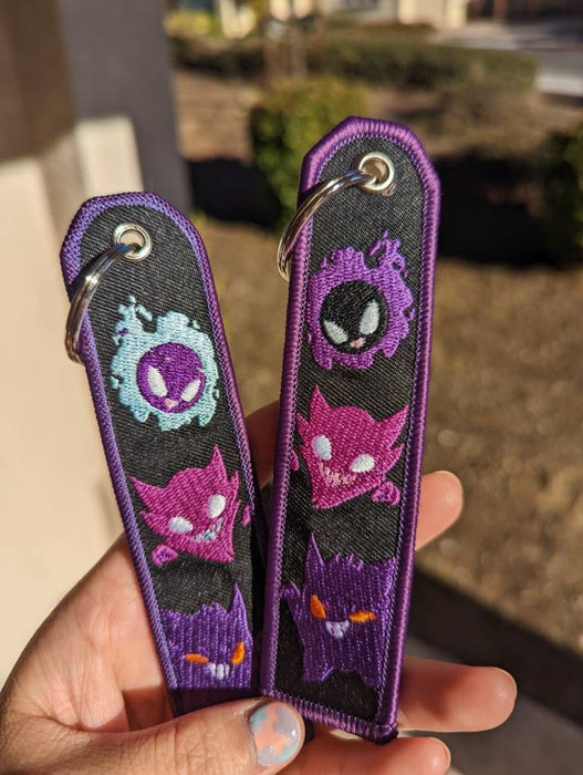 Ghosties Embroidered Tag Keychain - Jet tag Keyring Black and Purple w/ Shiny