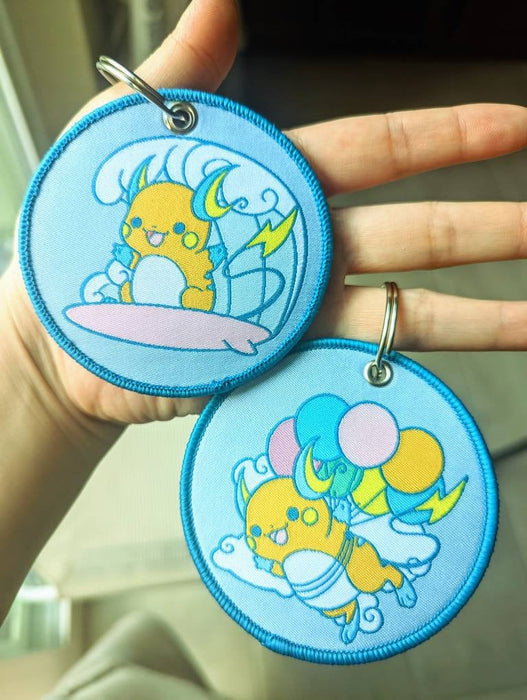 Flying or Surfing Raichus Embroidered Tag Keychain - Jet tag Keyring Electric Mouse Balloons Surfboard