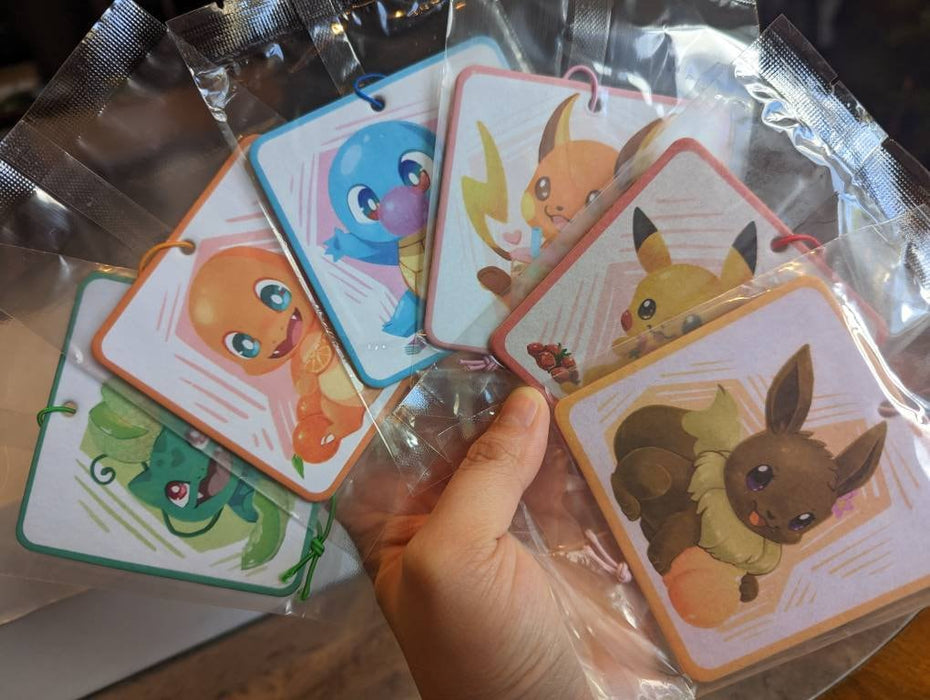 Cute Pokemon Car air freshener - Raichu Jasmine Tea, Bulbasaur Melon, Charmander Orange Soda, Squirtle Bubblegum, Pikachu Strawberry, Eevee Honey Peach