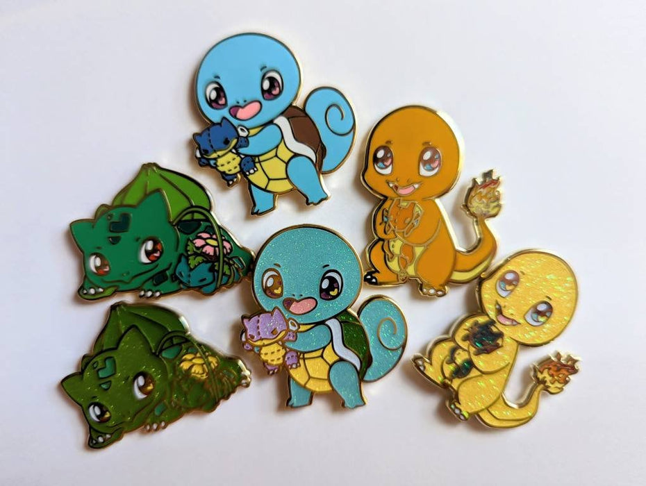 Starter Mascots Hard Enamel Pin - evolution plush buddies, grass, fire, water